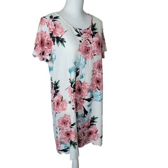 Vanilla Bay Dress Floral Short‎ Sleeve White Pink Roses Short Womens Large - Picture 1 of 13